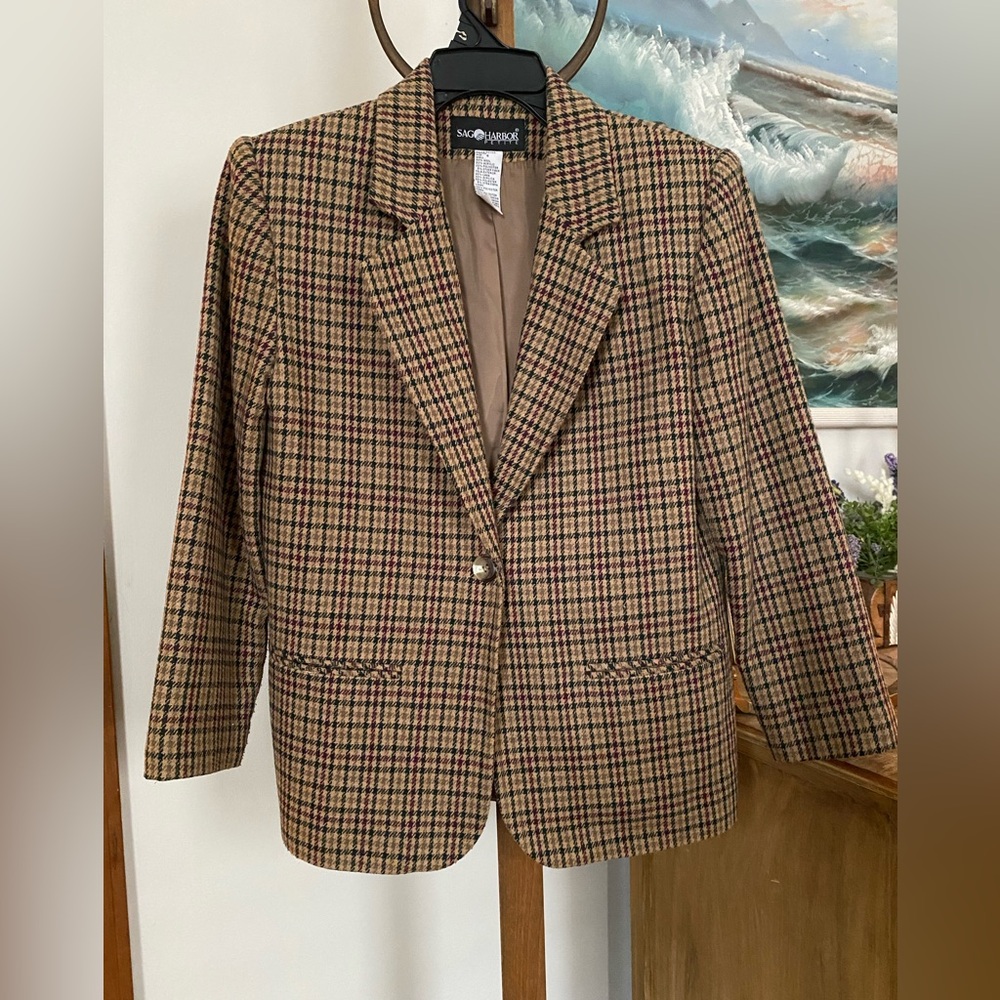 Vintage Sag Harbor brown tan plaid houndstooth wool blazer